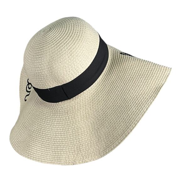 Mud Pie Happily Ever After Straw Sun Hat Wide Brim Embroidered One Size Vacation - Picture 6 of 12